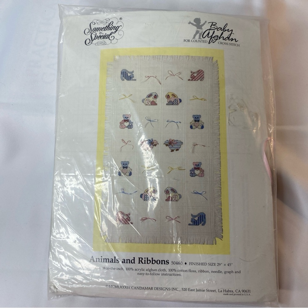 Something Special Animals Ribbons Counted Cross Stitch Kit VTG 1989 Afghan 29x45